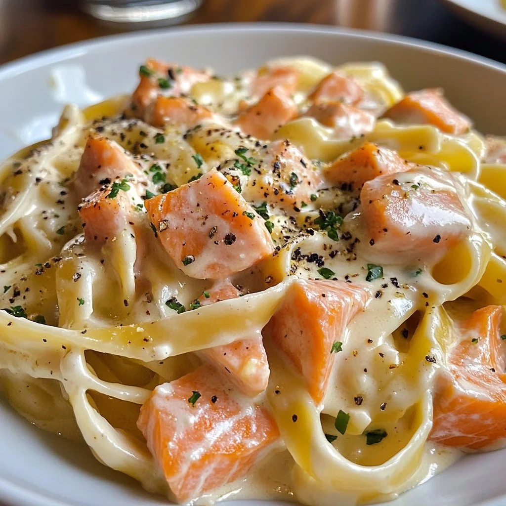 Creamy salmon pasta dish served in a bowl with herbs and lemon slices for garnish.