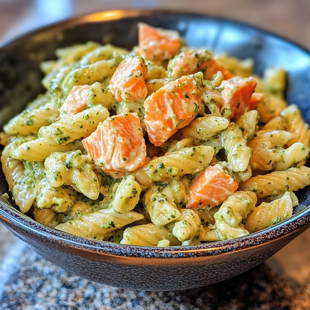 Creamy salmon pesto pasta dish served on a plate with fresh herbs.