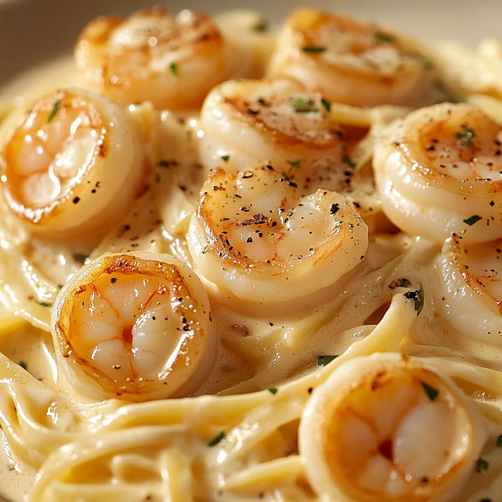 Creamy shrimp and scallop pasta topped with herbs and Parmesan cheese.