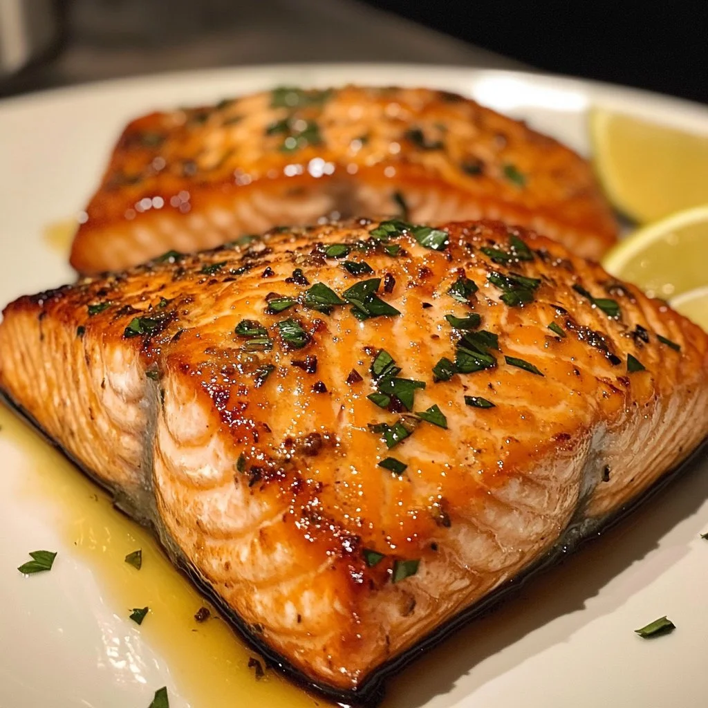 Crispy air fryer salmon served on a plate with lemon and herbs