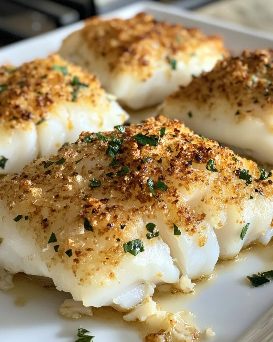 Crispy baked cod served with lemon and herbs on a plate