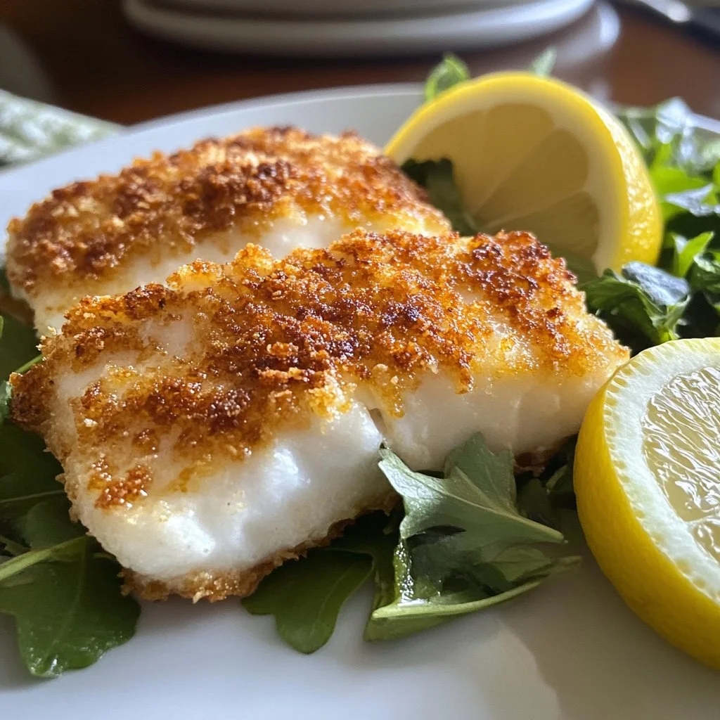 Crispy baked fish with lemon on a plate, garnished with fresh herbs