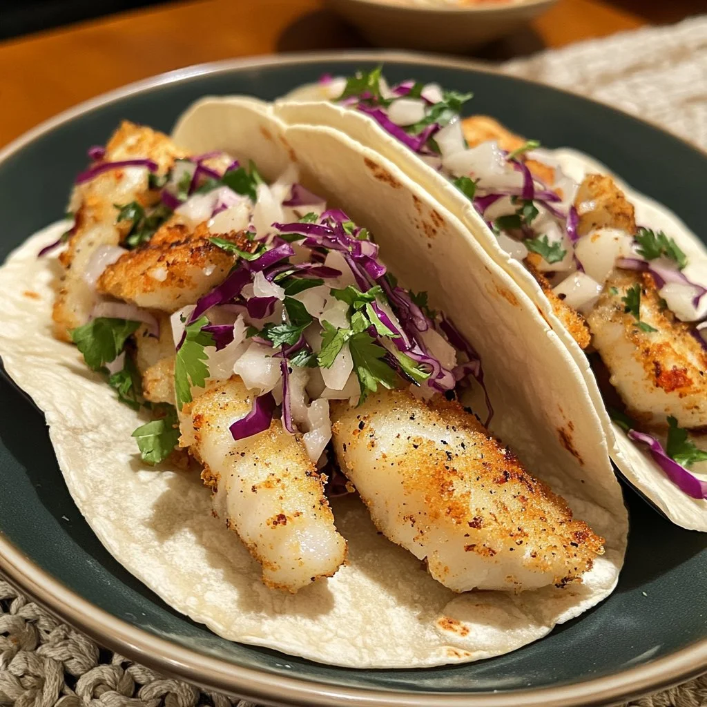 Crispy cod fish tacos served with fresh toppings and lime wedges