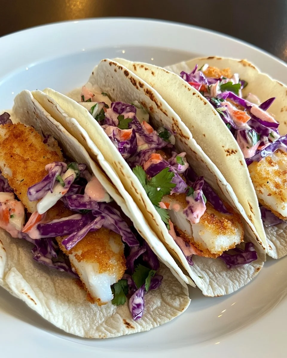 Crispy fish tacos with cilantro lime slaw on a plate