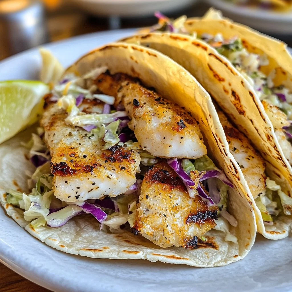 Crispy grilled fish tacos served with colorful cabbage slaw