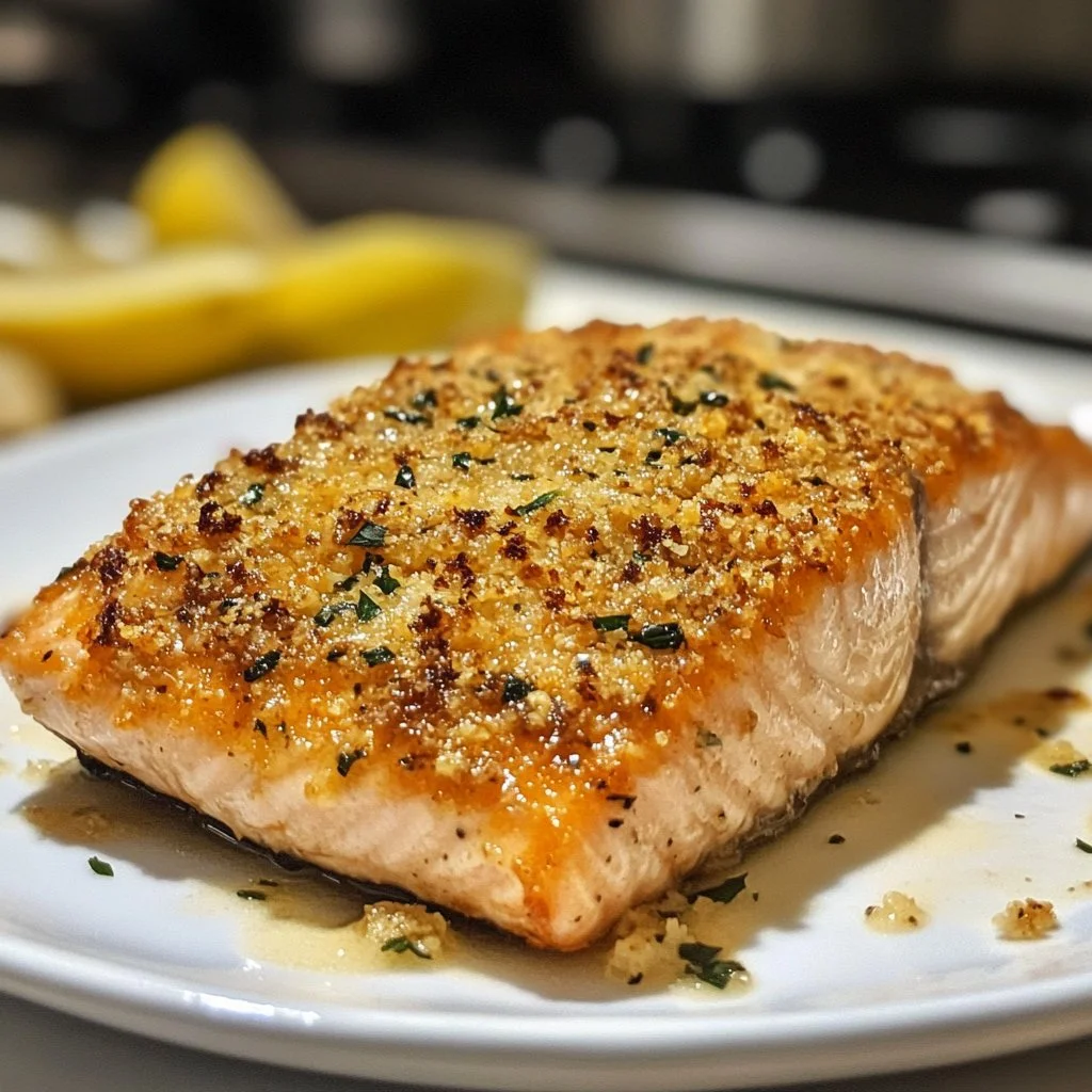 Crispy Parmesan Crusted Baked Salmon plated with herbs and lemon wedges