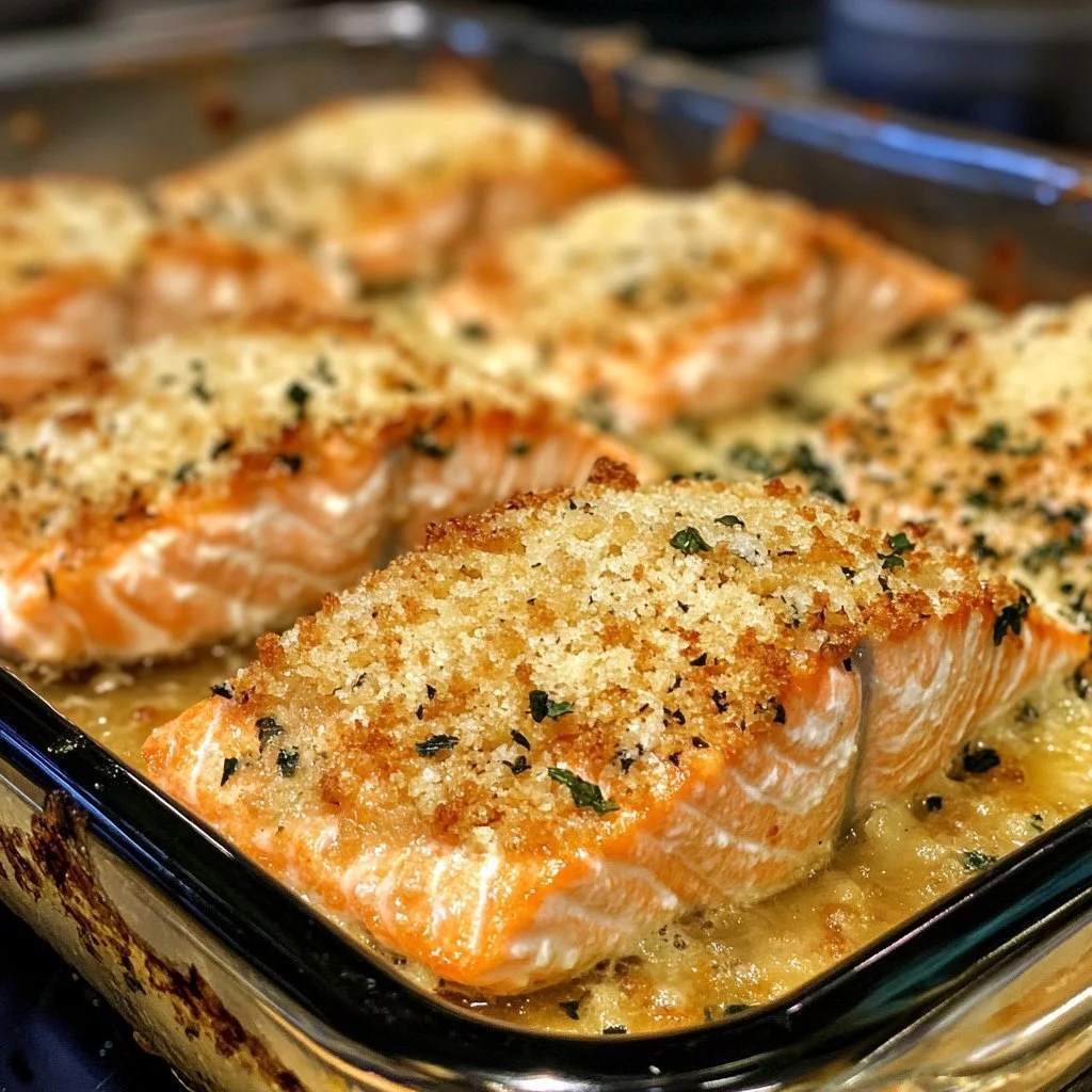 Crispy Parmesan Salmon Bake served with lemon and herbs
