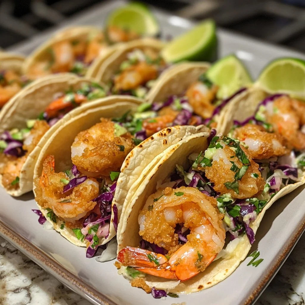 Crispy shrimp tacos garnished with avocado lime slaw on a plate