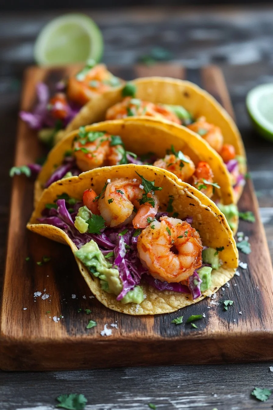 Crispy Shrimp Tacos With Avocado Lime Slaw
