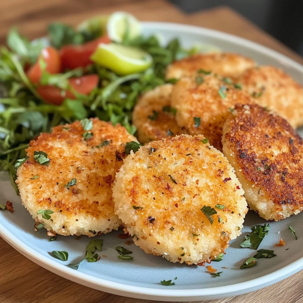 Crispy tuna cakes served with dipping sauce on a plate