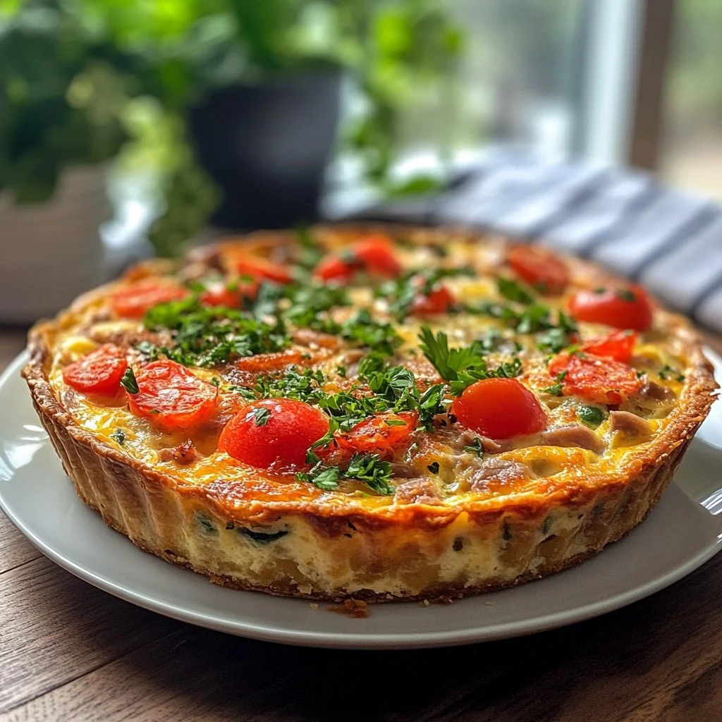 Crustless tuna quiche served on a plate, garnished with herbs.