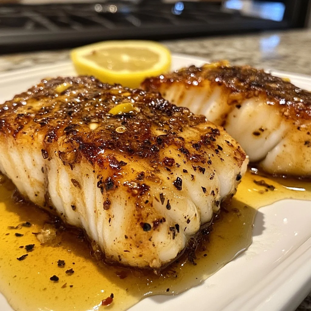 Delicious baked honey marinated cod served on a plate with garnish.