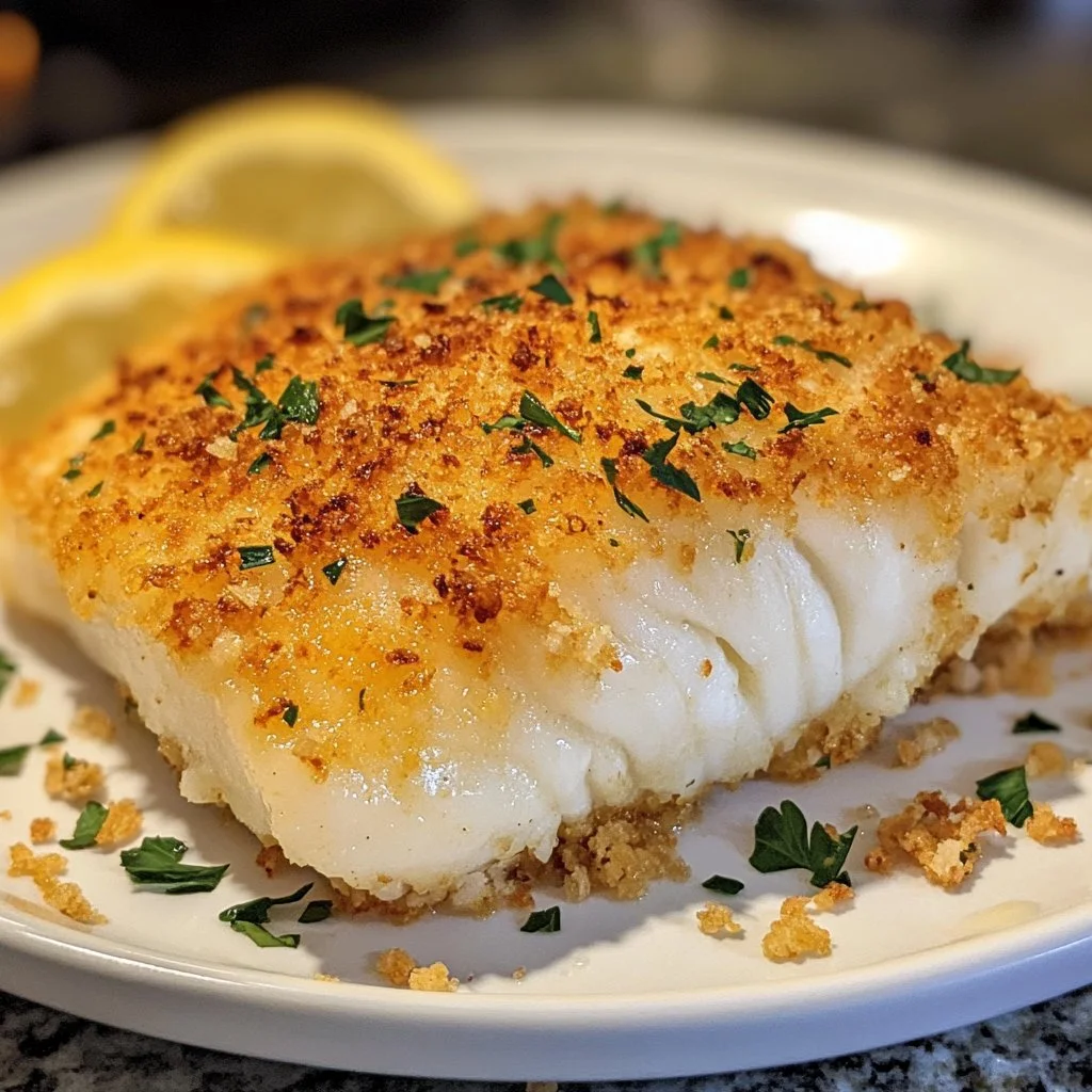 Delicious Boston Baked Cod with crispy panko coating on a plate