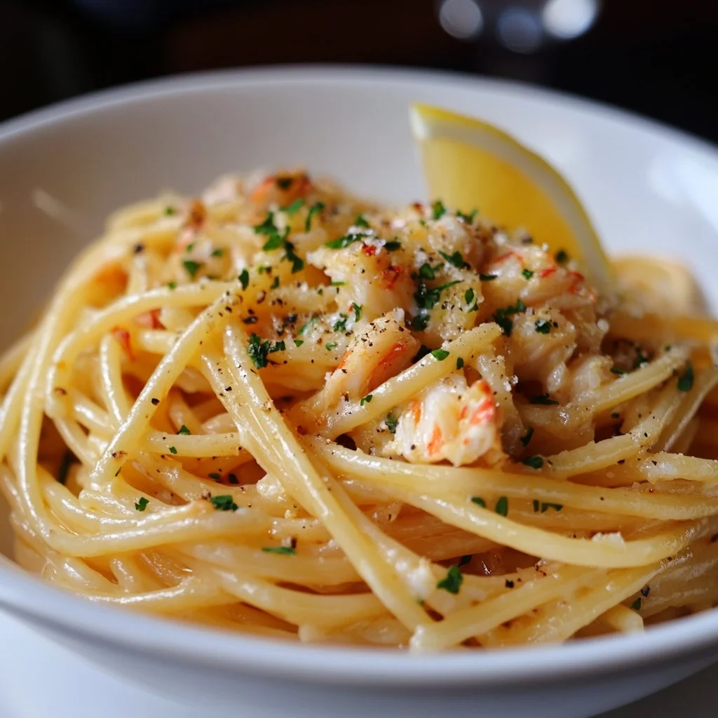 Plate of delicious crab linguine with fresh herbs and seafood