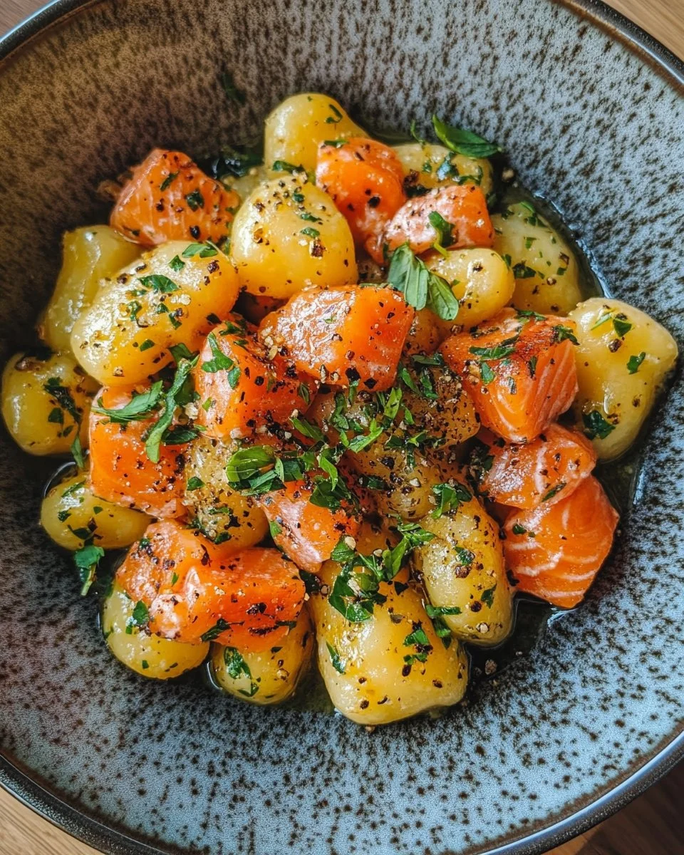 Plate of delicious smoked salmon gnocchi with creamy sauce and herbs