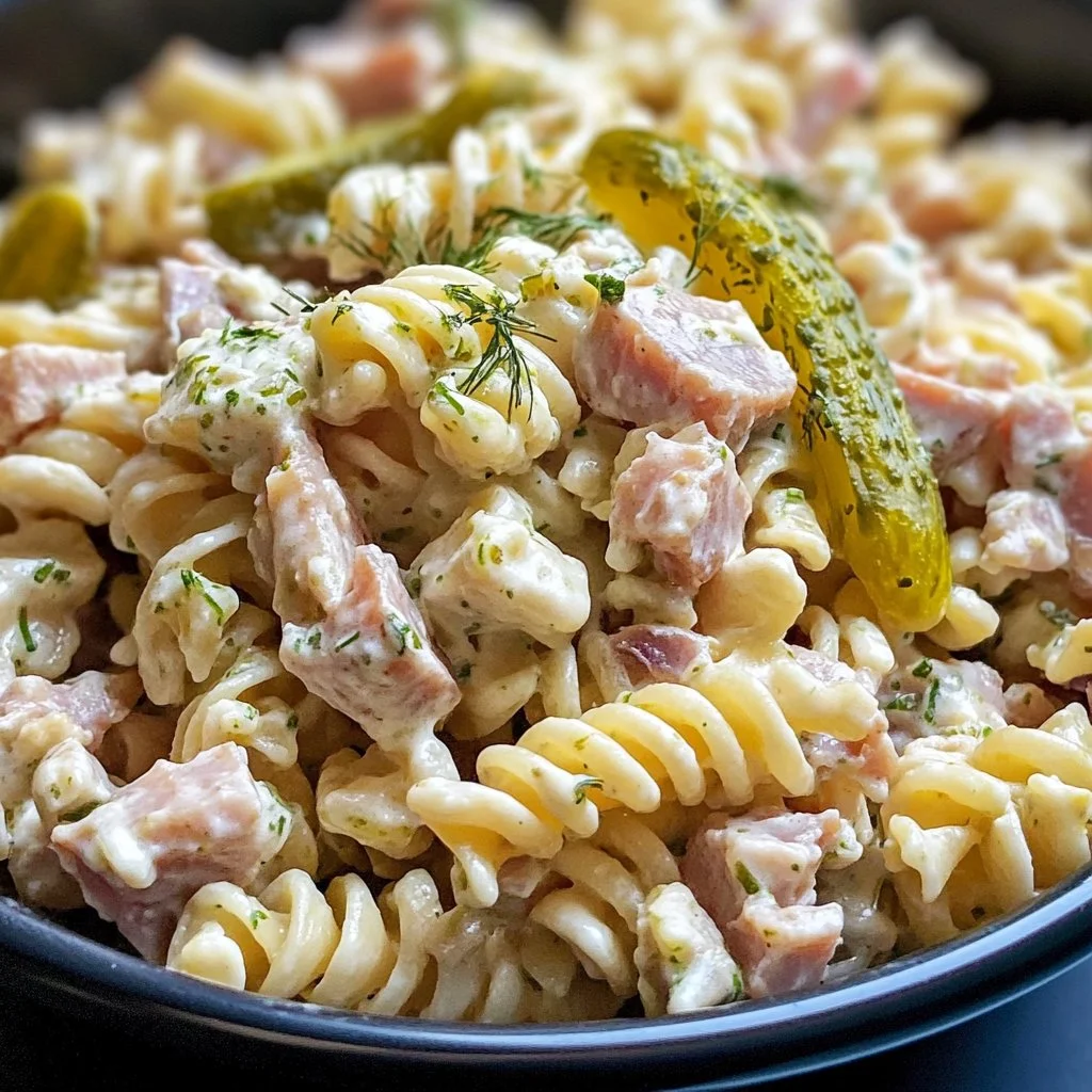 Dill Pickle Tuna Pasta Salad in a bowl with fresh ingredients