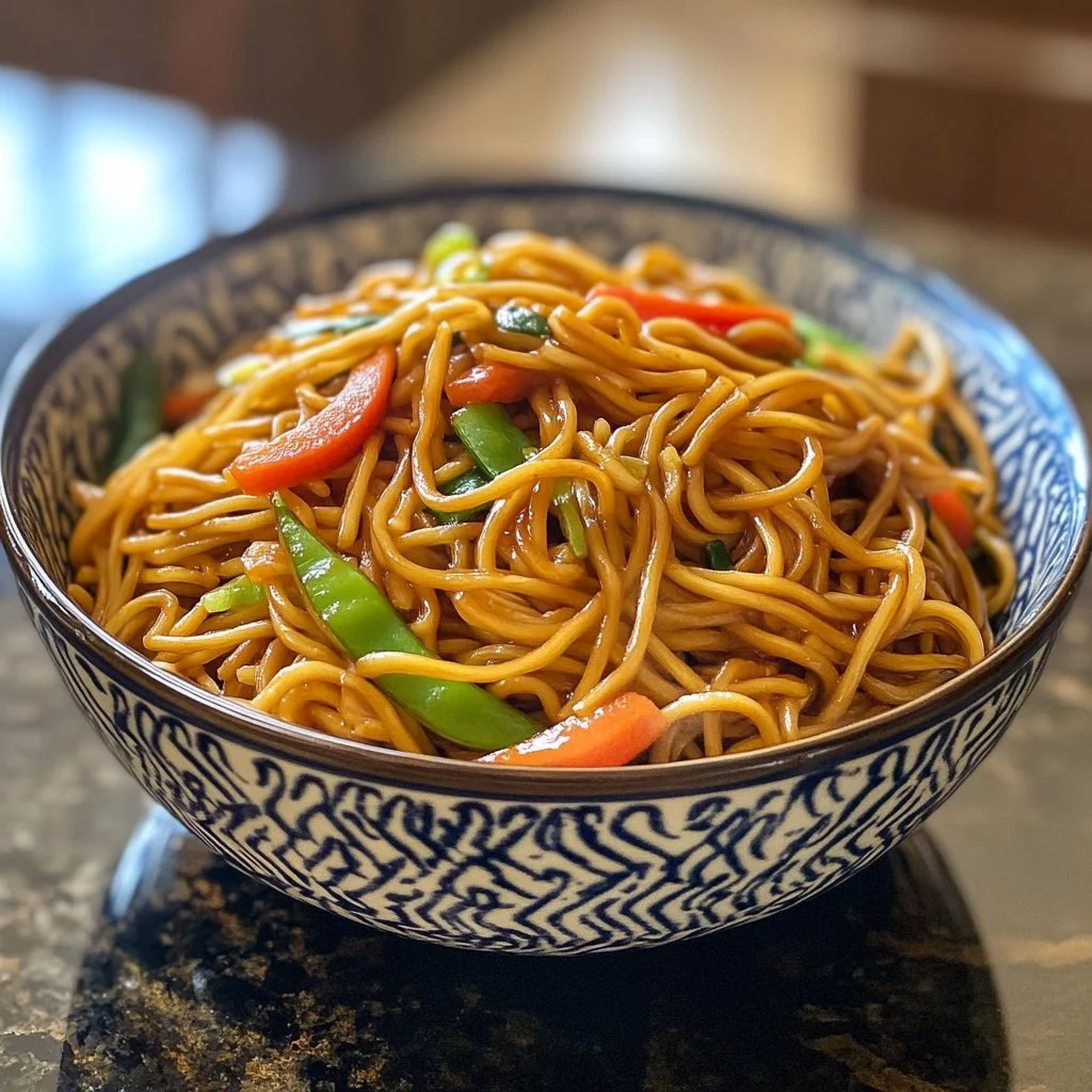 Delicious bowl of easy 15-minute lo mein cooked with fresh vegetables and savory sauce.