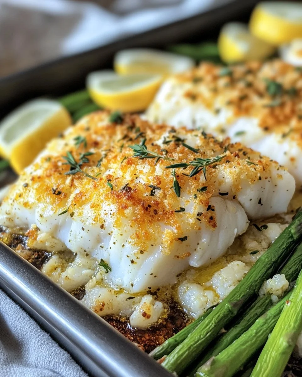 Plate of air fryer cod with herby mayo and asparagus on the side