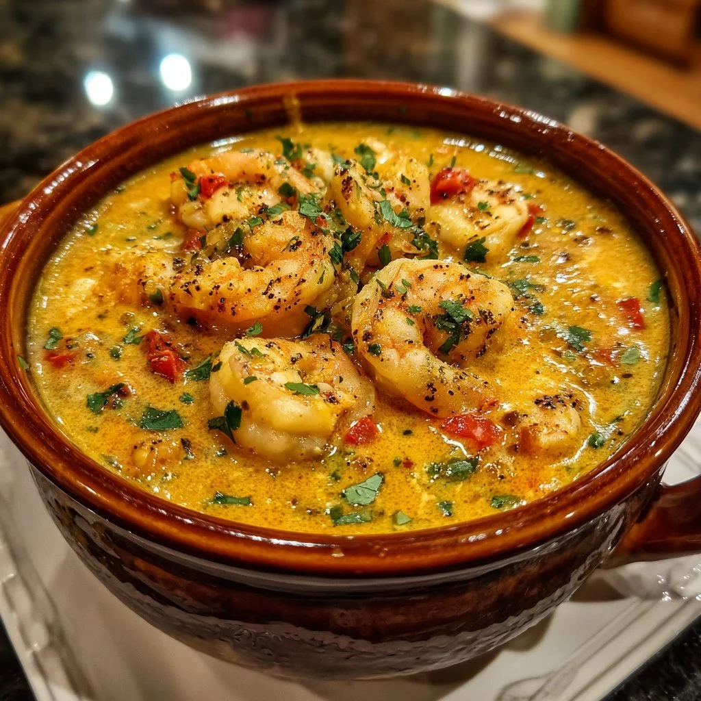 Delicious creamy seafood chili with shrimp served in a bowl
