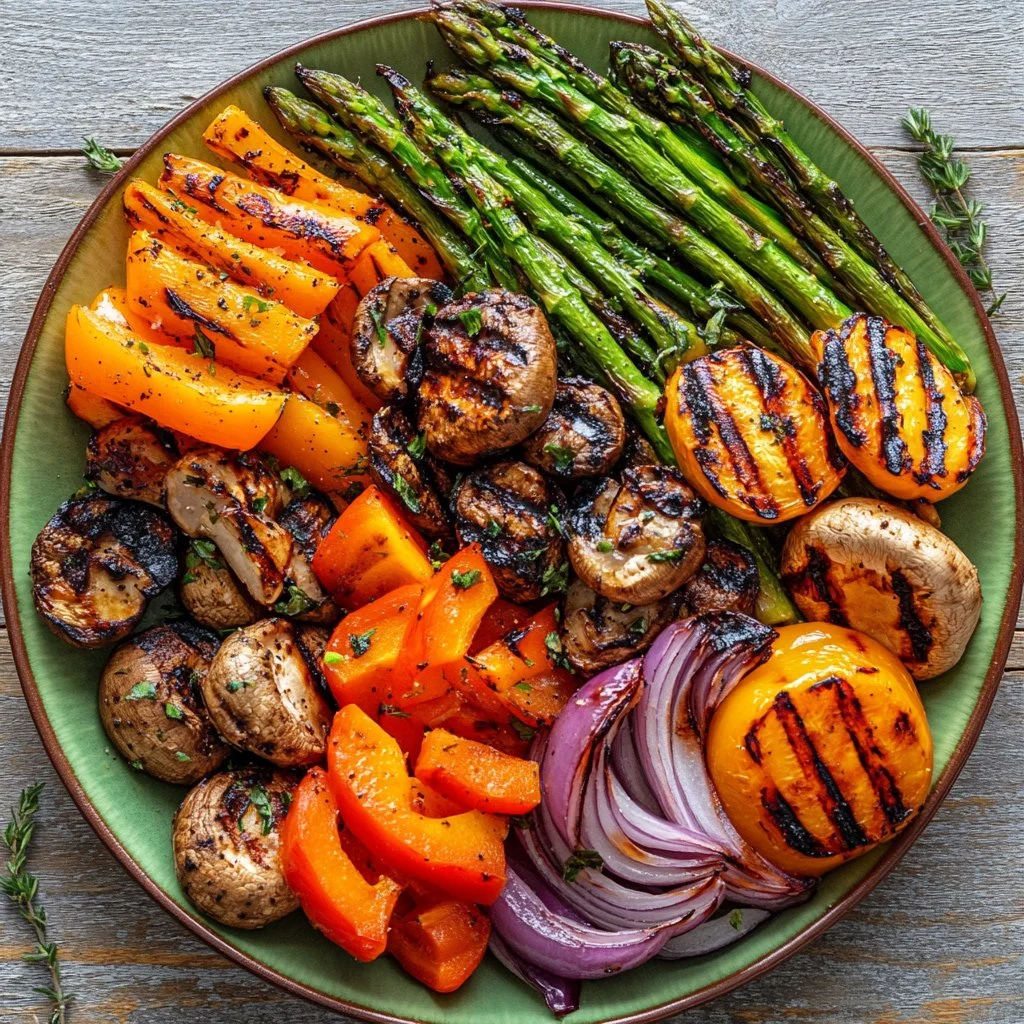 Assorted grilled vegetables on a plate, showcasing vibrant colors and textures.