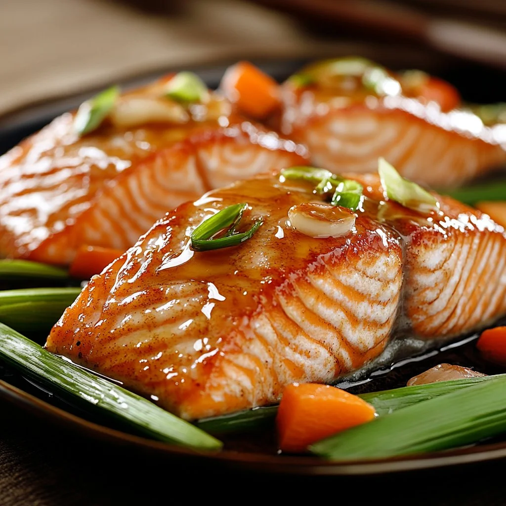 Baked honey garlic salmon garnished with herbs and lemon slices