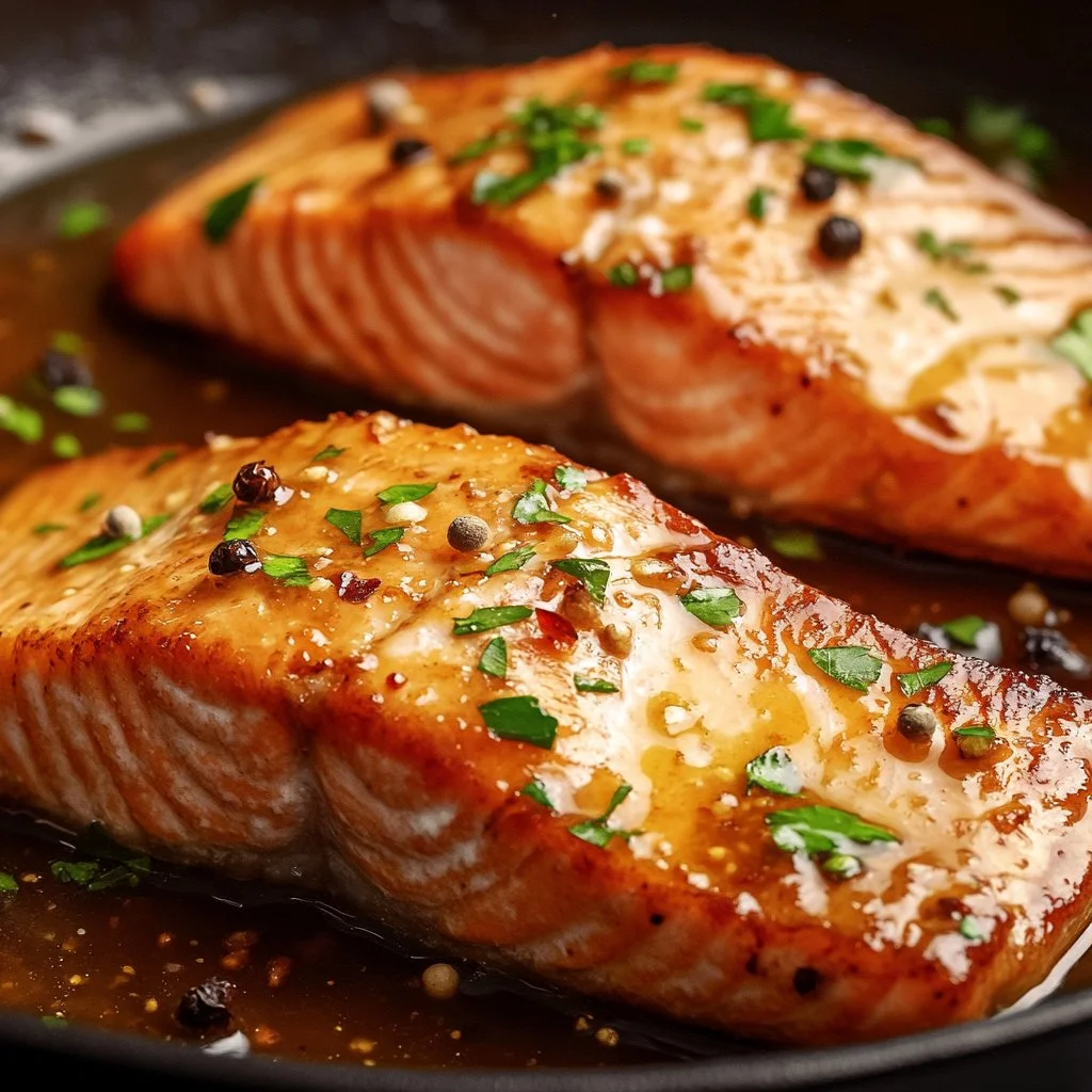 Delicious honey glazed salmon fillet served on a plate