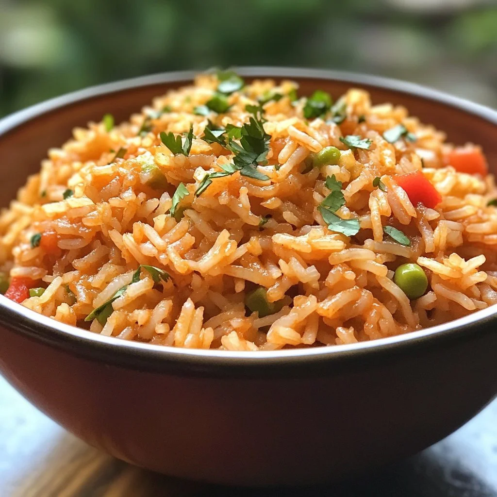 Bowl of easy Mexican rice garnished with cilantro and lime