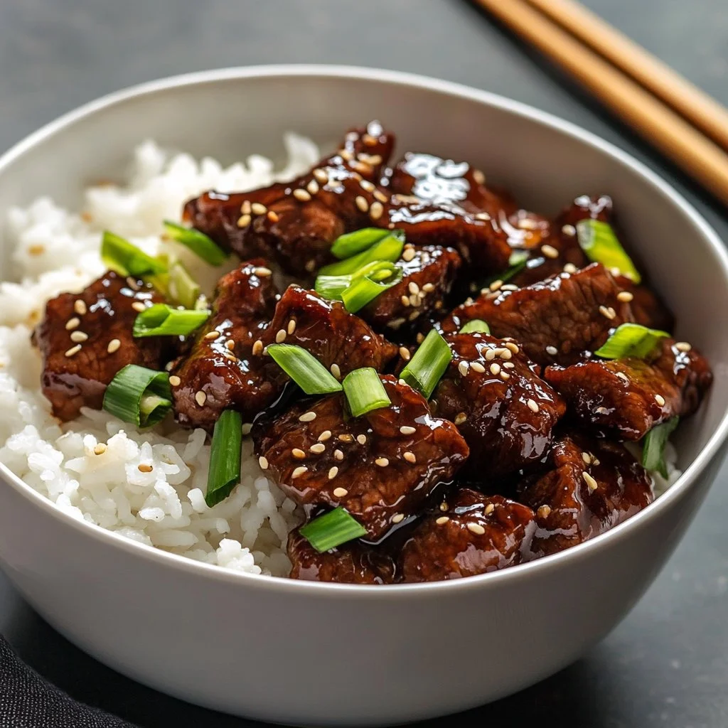 Delicious plate of easy Mongolian Beef garnished with green onions