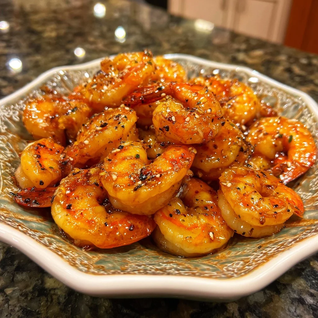 Delicious honey garlic shrimp in a one pan meal, garnished with green onions.