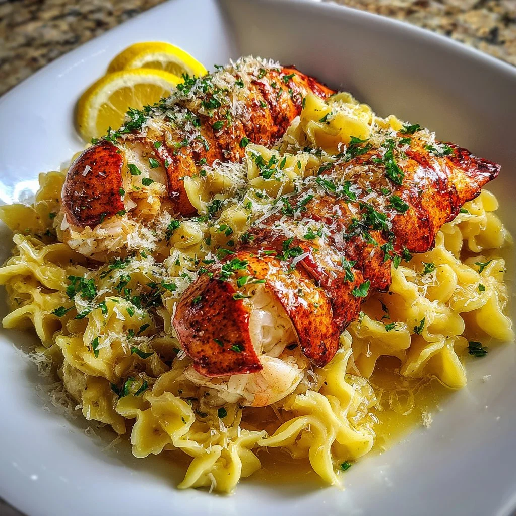 Elegant lobster tail pasta served in a gourmet dish with creamy sauce and herbs