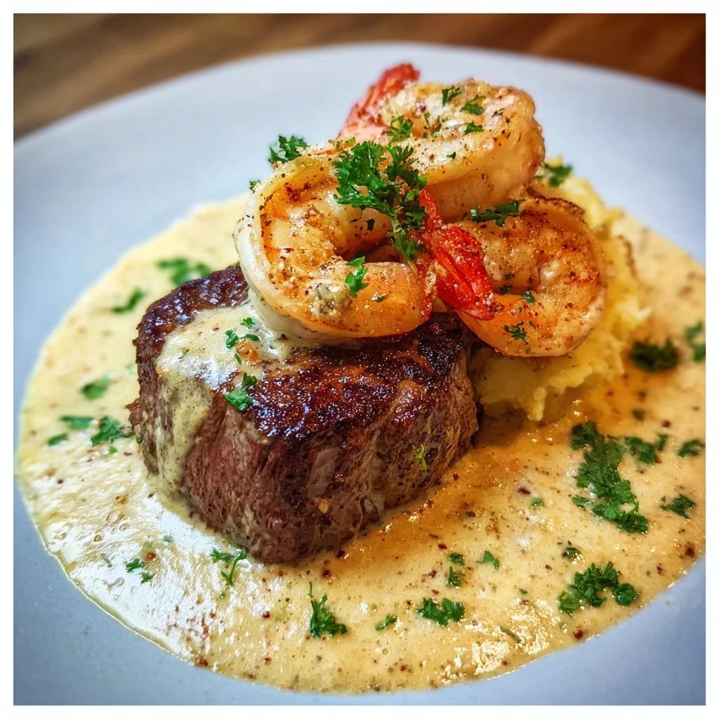 Filet Mignon with shrimp and lobster cream sauce on a white plate