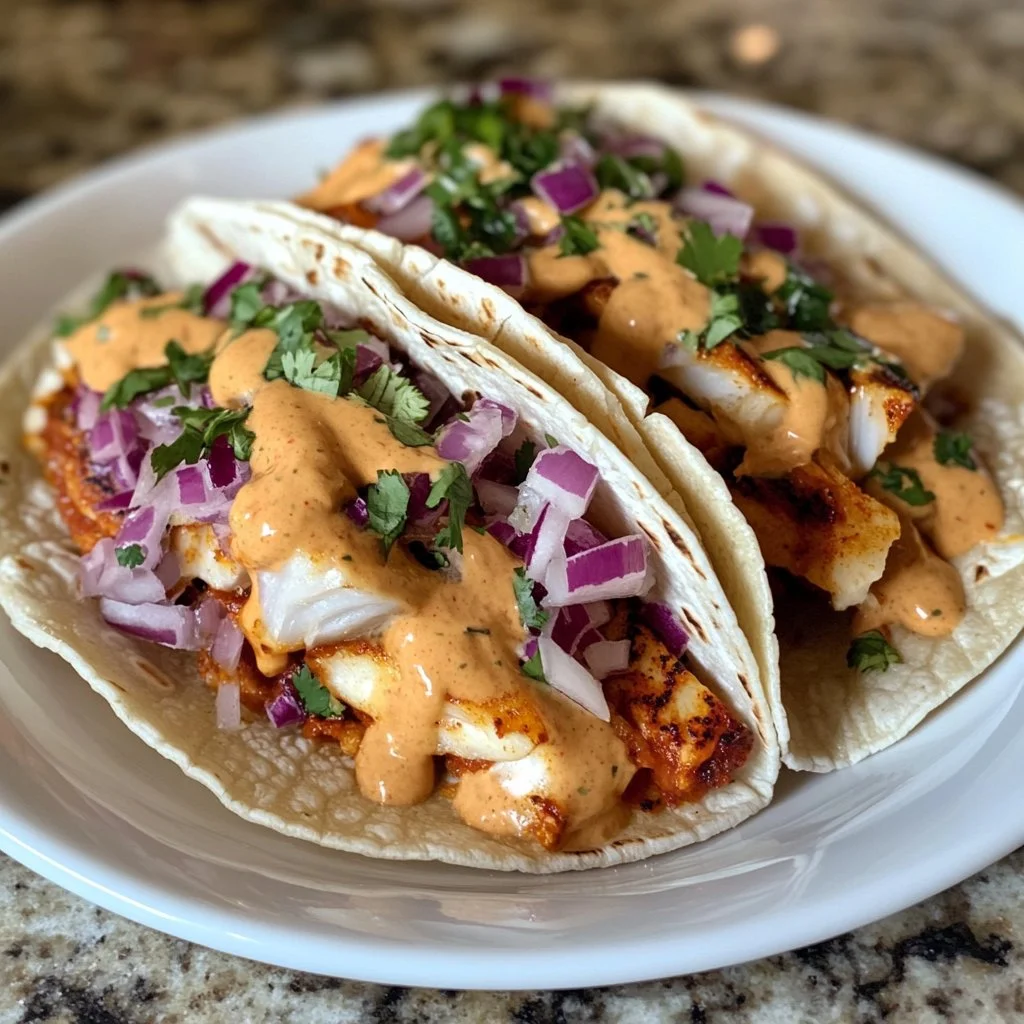 Delicious homemade fish taco sauce drizzled over fresh tacos.