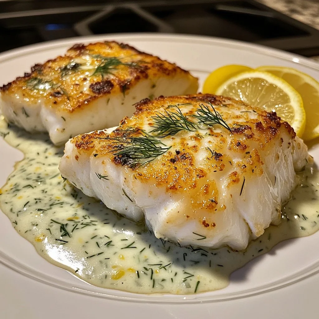 Flaky golden baked cod served with lemon-dill sauce on a plate