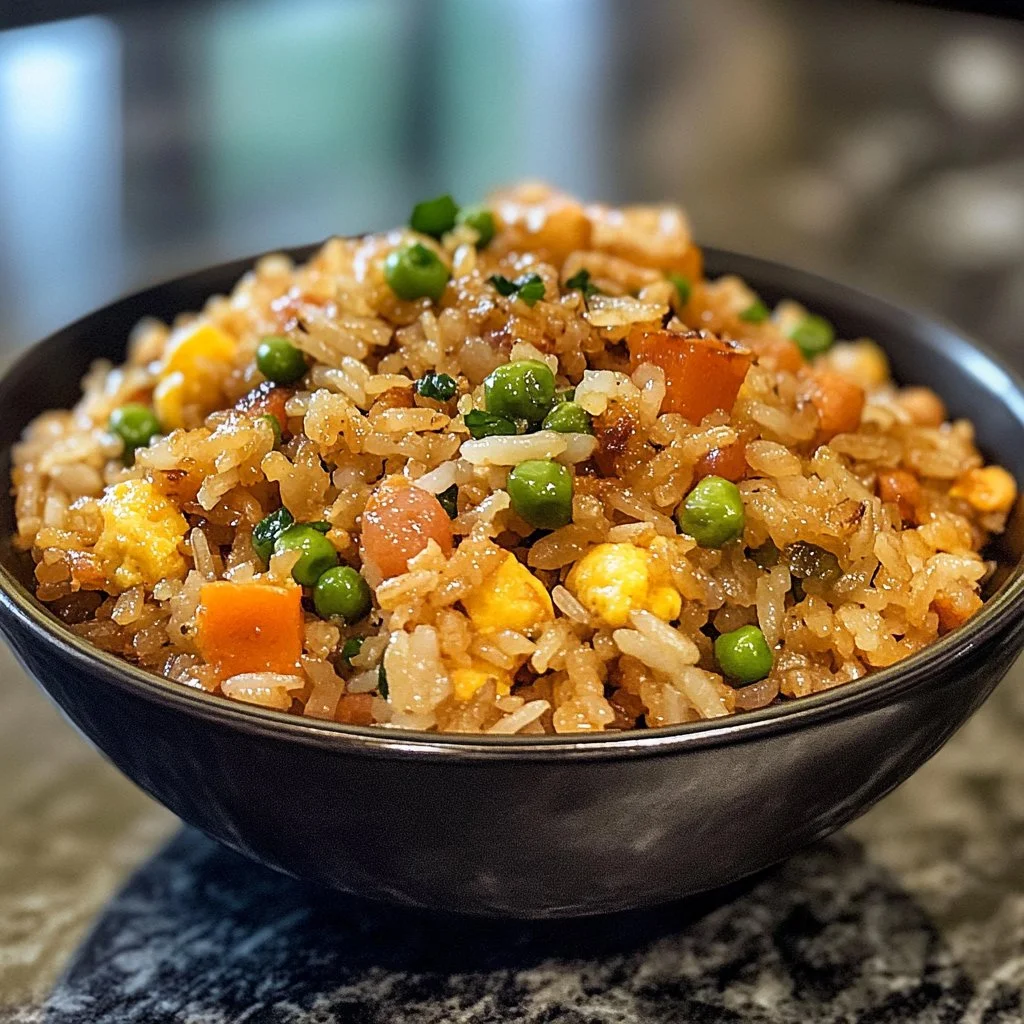 Plate of Freakin' Fantastic Fried Rice garnished with vegetables and herbs.
