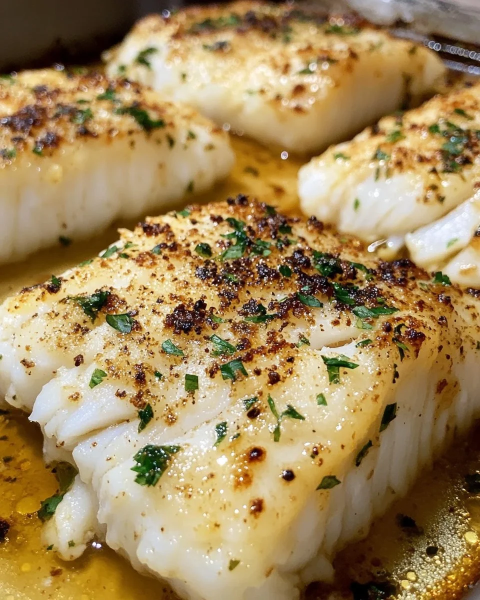 Garlic Butter Baked Cod garnished with herbs on a white plate