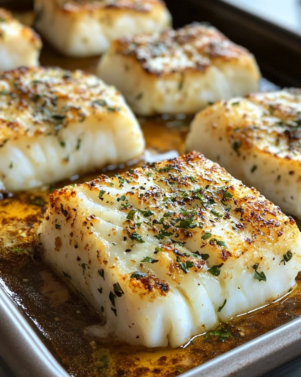 Garlic butter baked cod fillets on a plate garnished with herbs