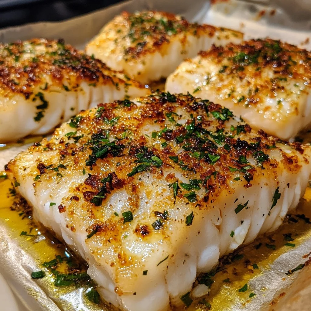 Delicious garlic butter baked cod served on a plate with herbs.