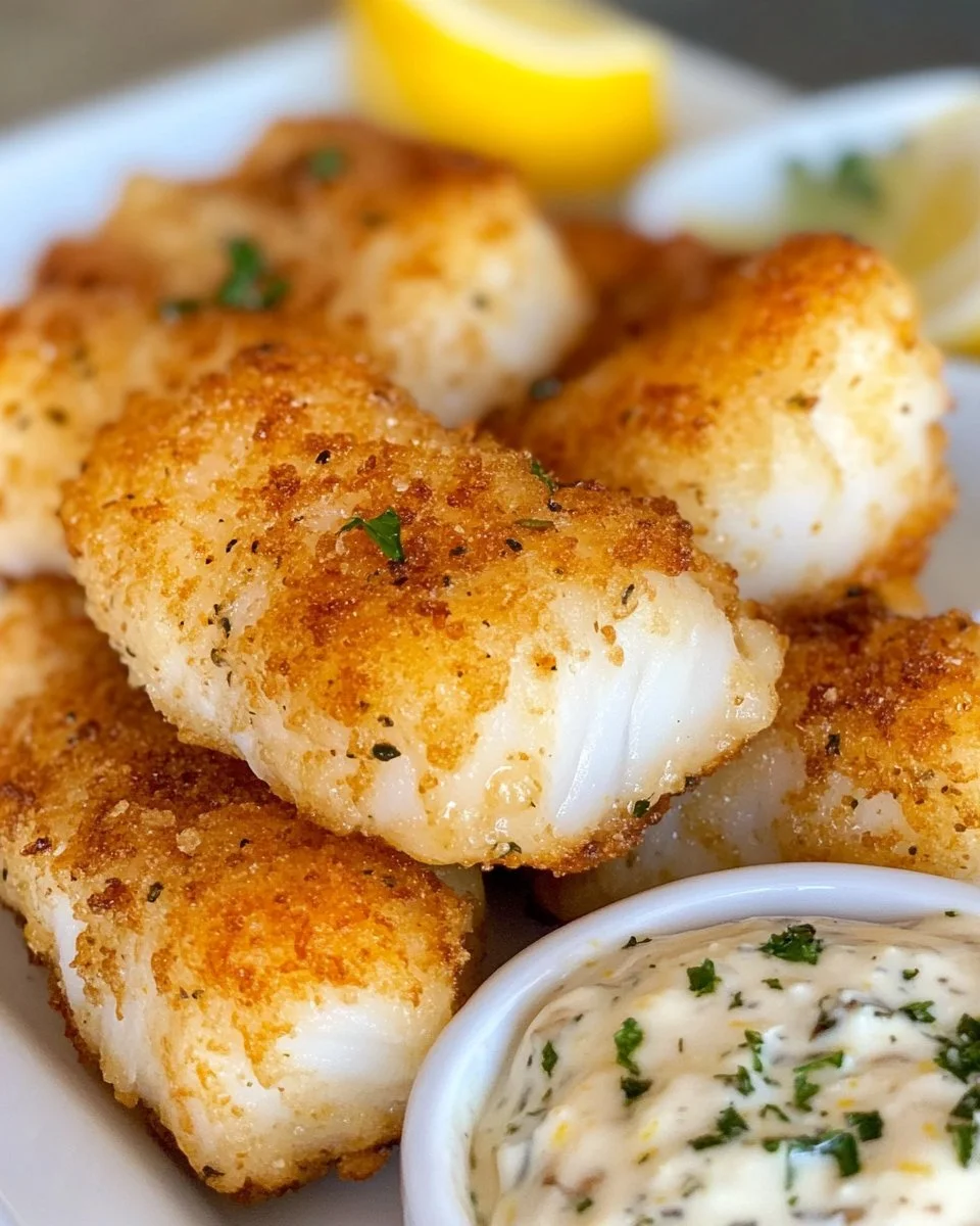 Garlic Butter Cod Bites with Creamy Lemon Herb Dip on a plate