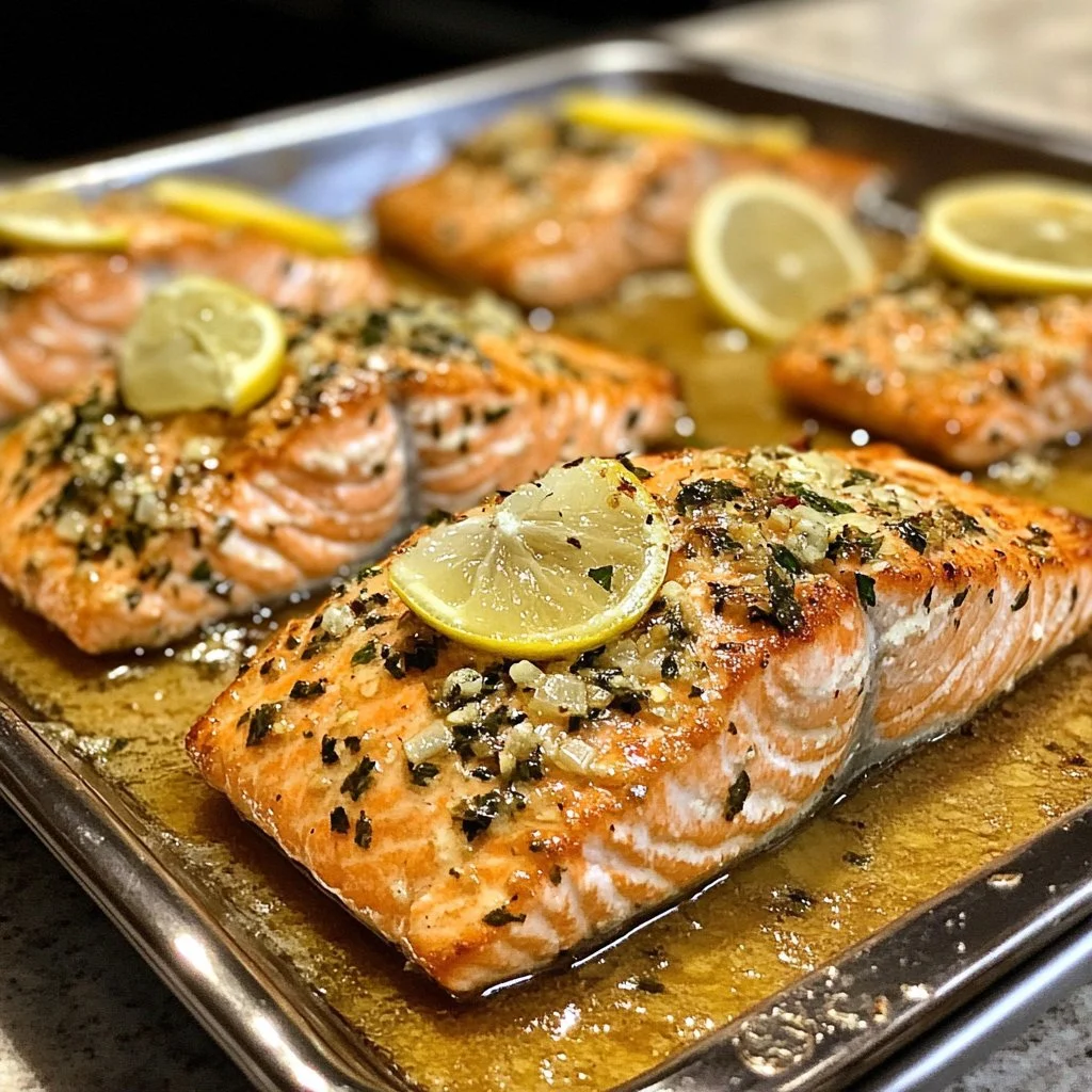 Garlic Butter Lemon Salmon served on a plate with lemon slices and herbs