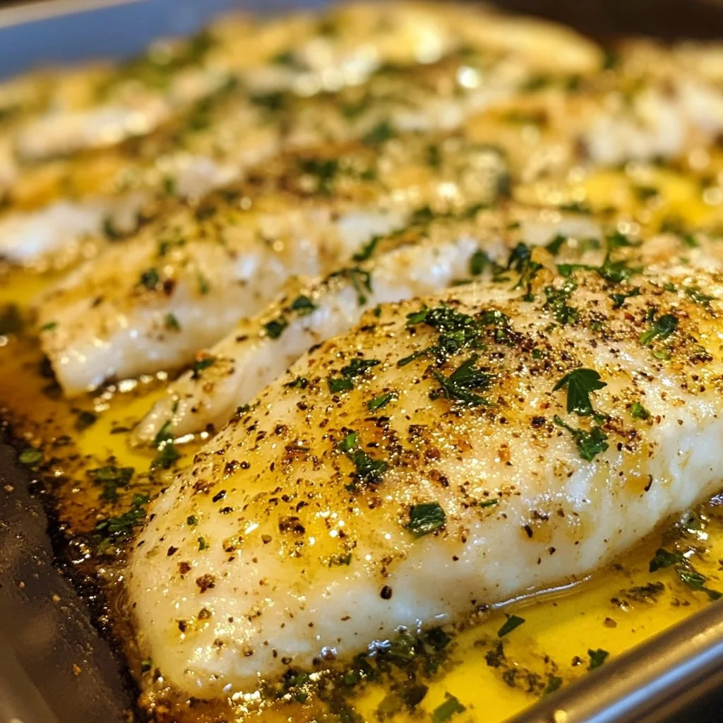 Oven baked tilapia with garlic butter, served on a plate