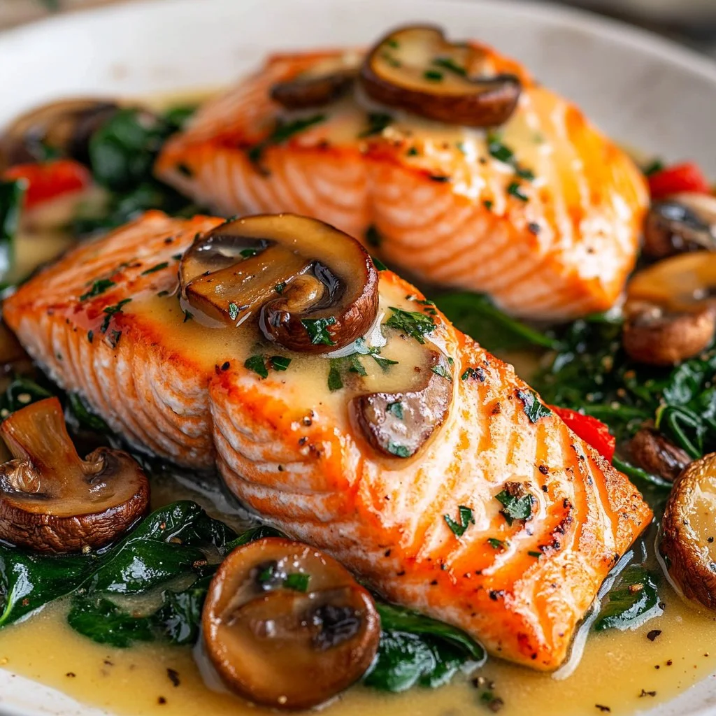 Garlic Butter Salmon served with Spinach and Mushrooms on a plate