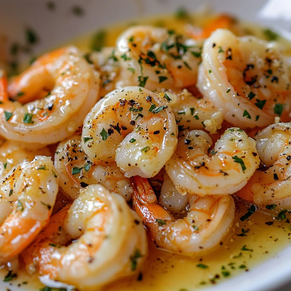 A plate of garlic butter shrimp garnished with parsley and lemon.