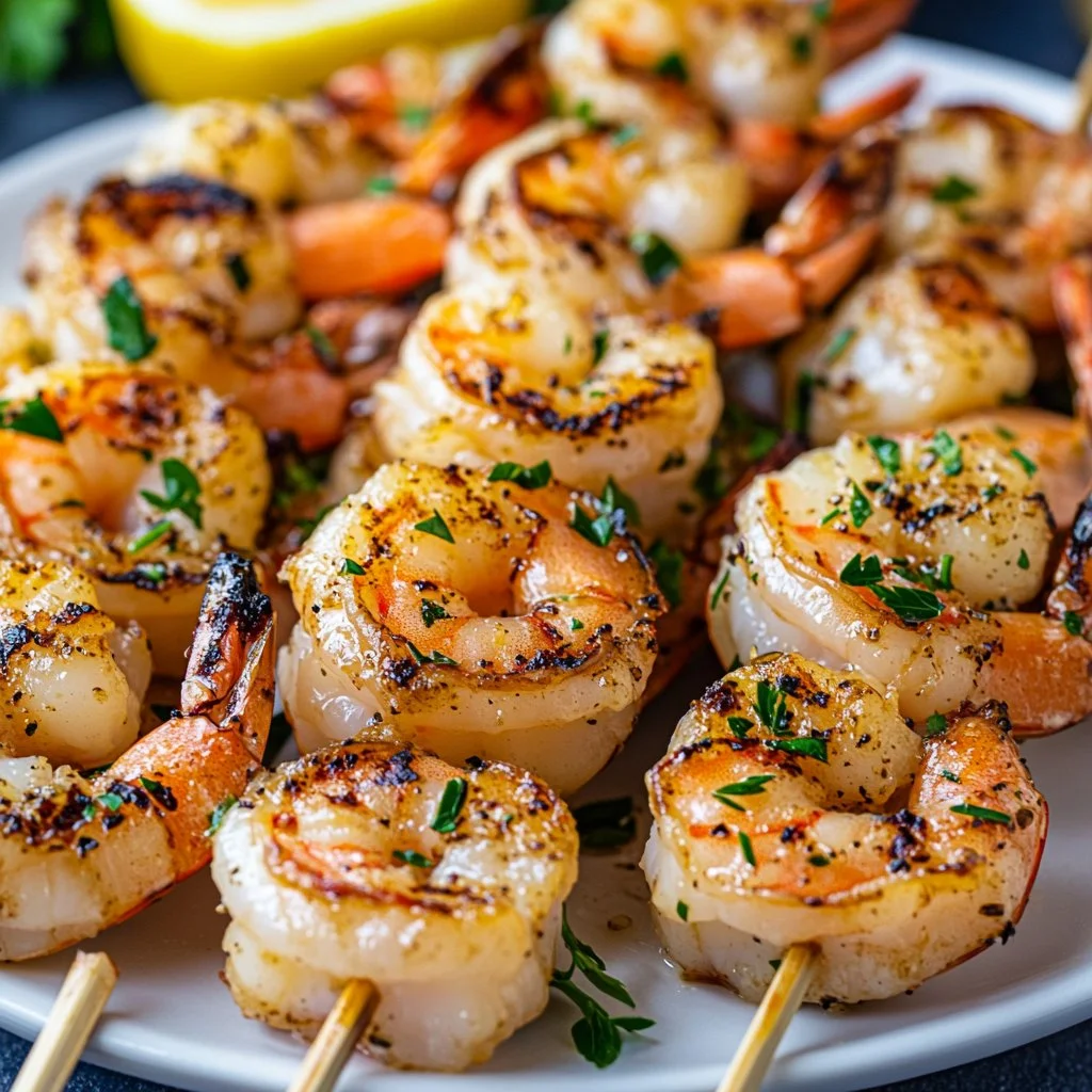 Garlic Butter Shrimp Skewers served with lemon and herbs