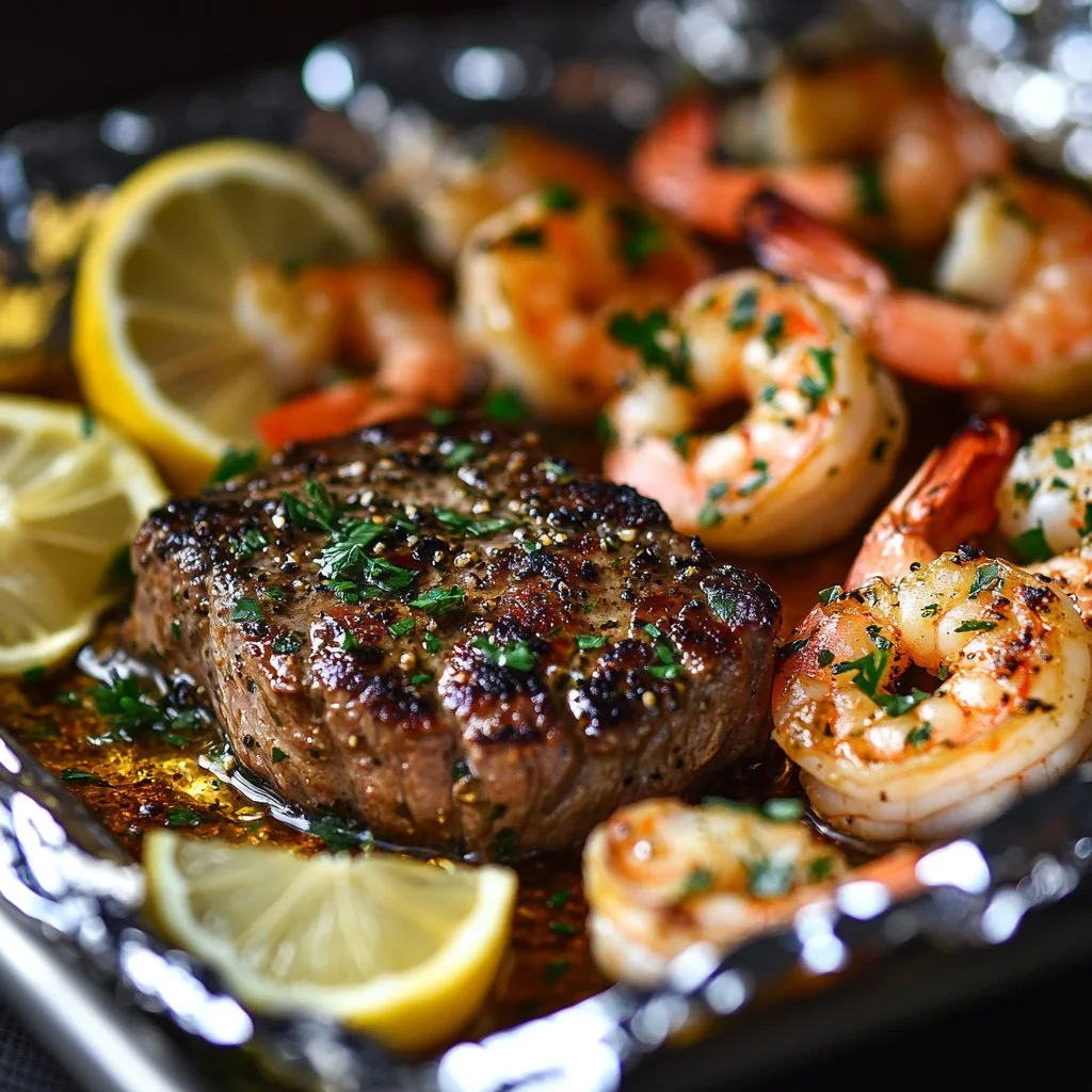 Garlic Herb Steak and Shrimp Foil Packets ready to grill