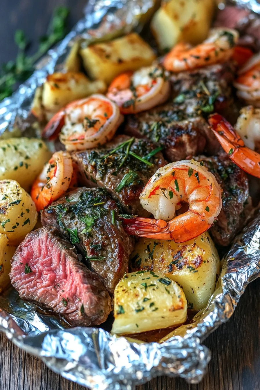 Garlic Herb Steak and Shrimp Foil Packets