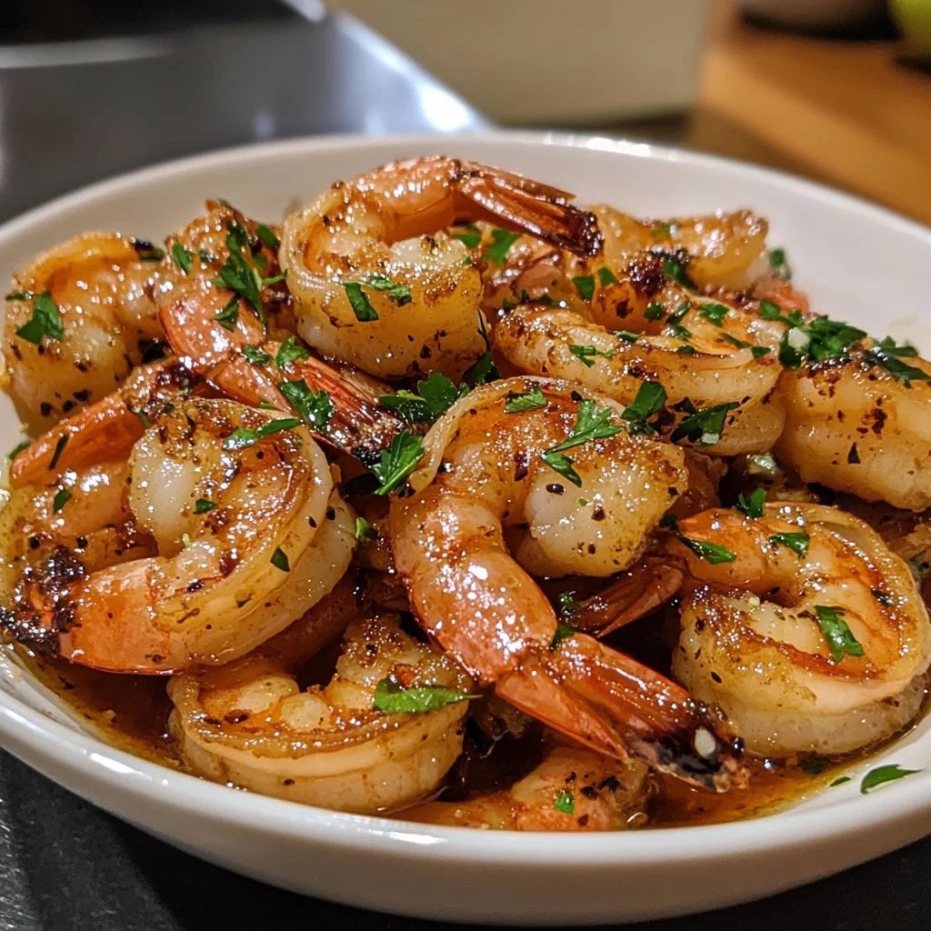 Delicious Garlic Honey Lime Shrimp served with lime wedges