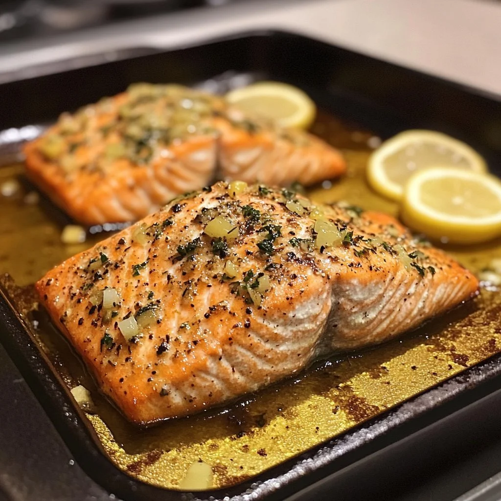 Garlic Lemon Roasted Salmon served with fresh herbs and lemon wedges.