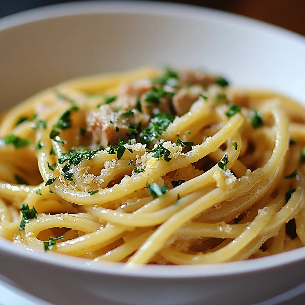 Garlic Lemon Tuna Pasta served in a bowl with fresh herbs and lemon slices.