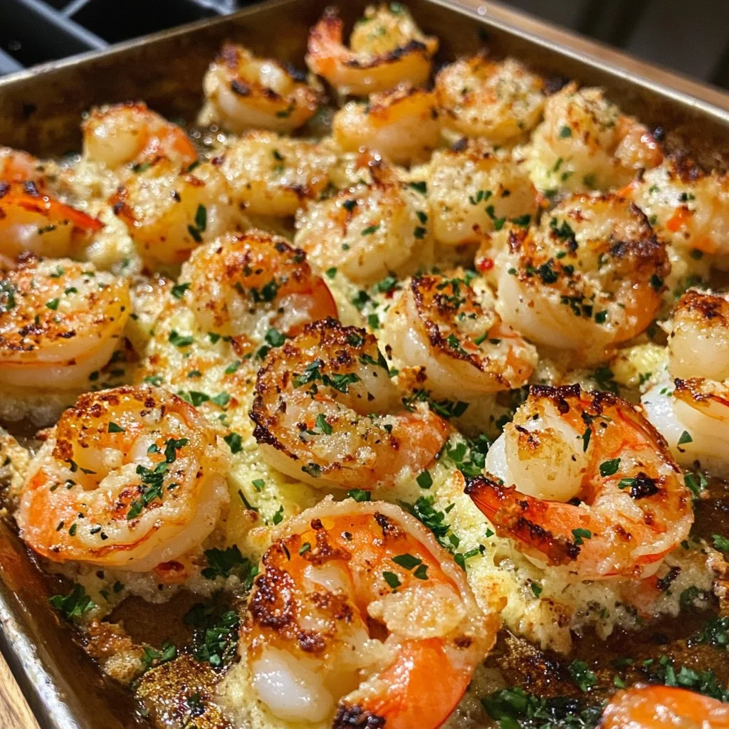 Plate of Garlic Parmesan Roasted Shrimp garnished with parsley.