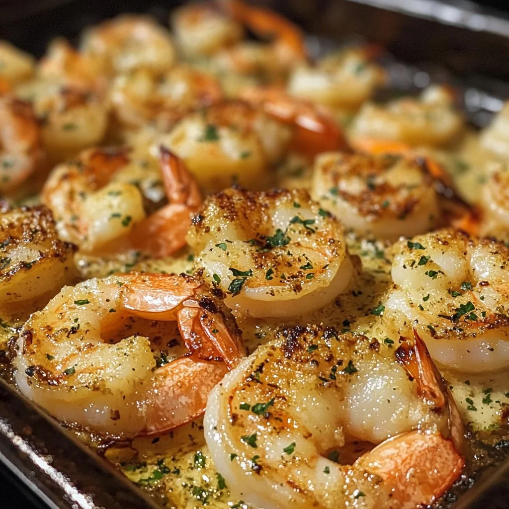 Garlic Parmesan Roasted Shrimp served with herbs and lemon wedges.